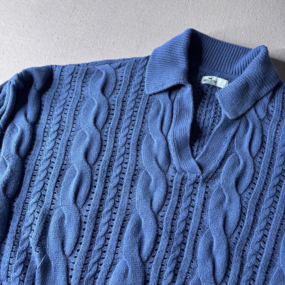 Hollister Blue Cable Knit Polo Sweater Womens Large Cropped V-Neck Long Sleeve